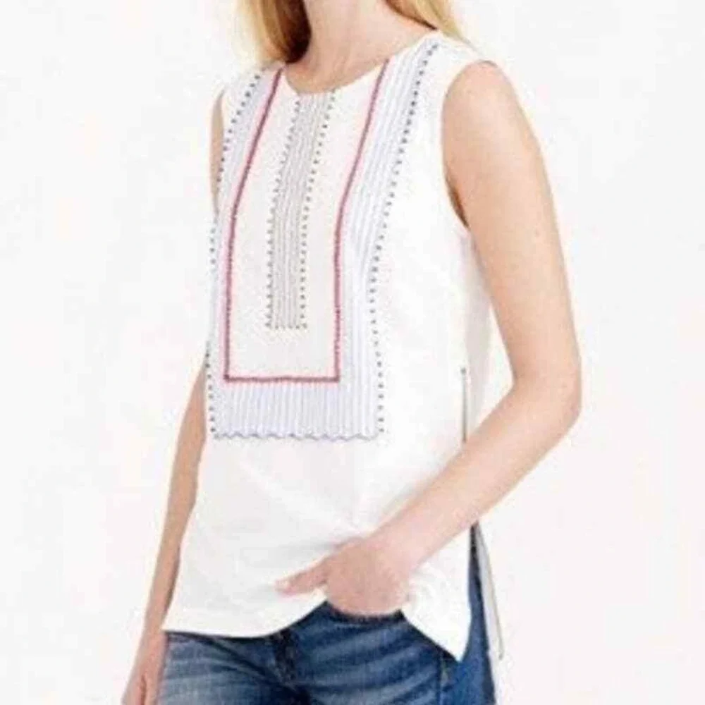 J Crew Sleeveless Beaded Tunic Top‎ 0 White Blue Stripe Side Zip Round Neck Boho